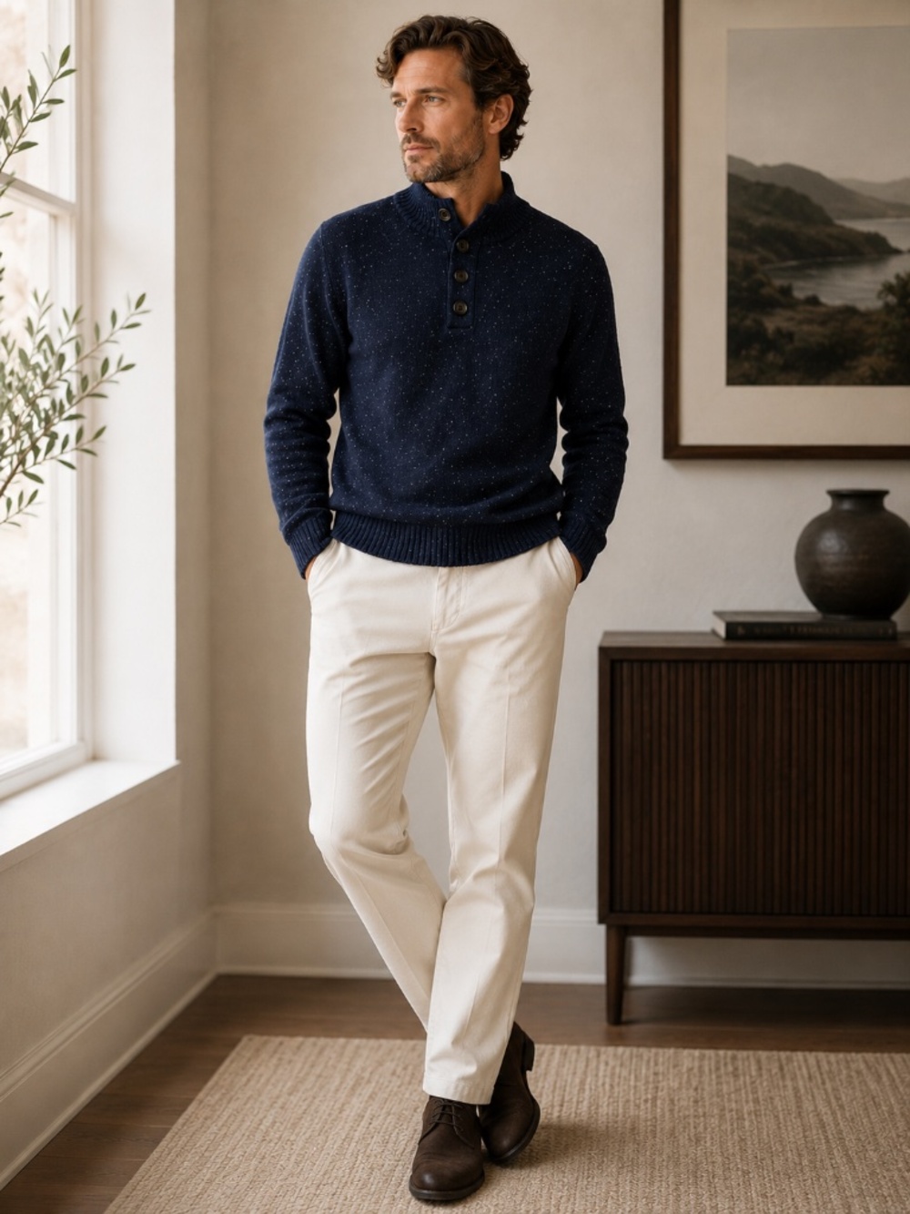 AQUA Toscana Men's Navy Speckled Lambswool Yak 1/4 Button Sweater L